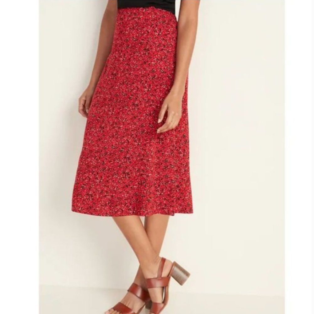 OLD NAVY Midi Skirt Red Rayon Flowy Lightweight L